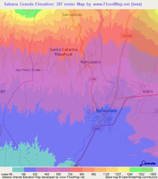 Sabana Grande,El Salvador Elevation Map