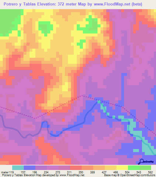 Potrero y Tablas,El Salvador Elevation Map