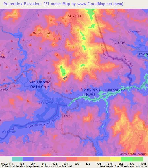 Potrerillos,El Salvador Elevation Map