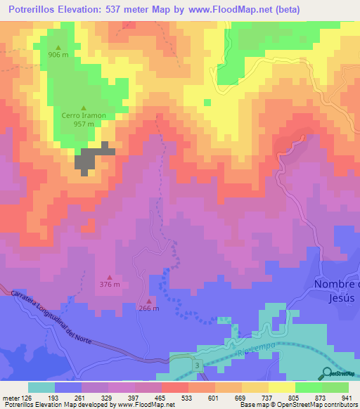Potrerillos,El Salvador Elevation Map