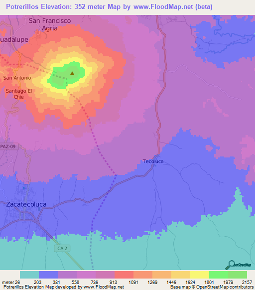 Potrerillos,El Salvador Elevation Map