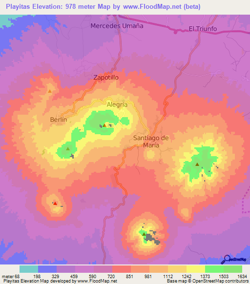 Playitas,El Salvador Elevation Map