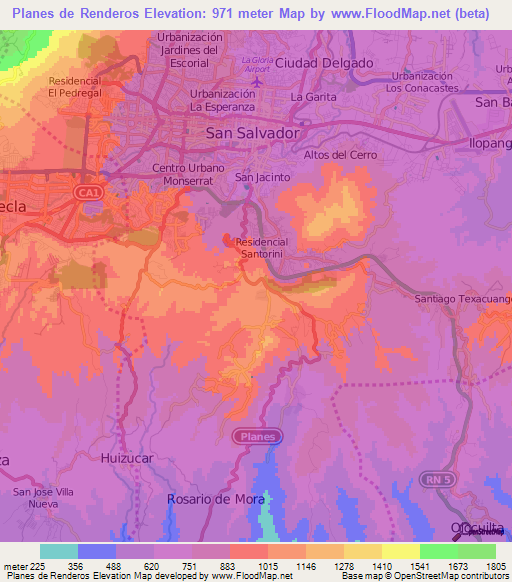 Planes de Renderos,El Salvador Elevation Map