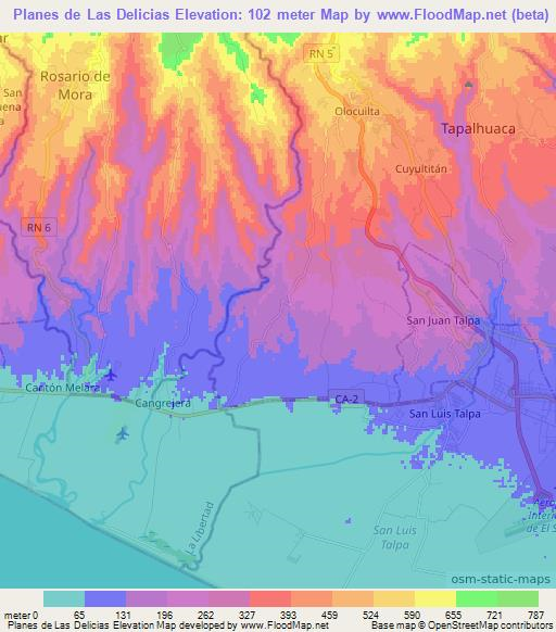 Planes de Las Delicias,El Salvador Elevation Map