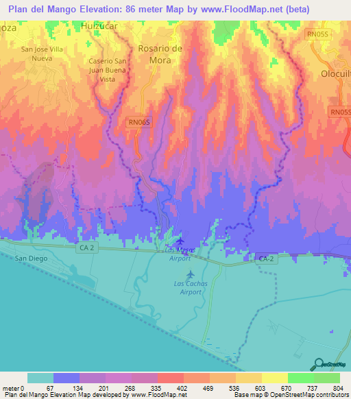 Plan del Mango,El Salvador Elevation Map