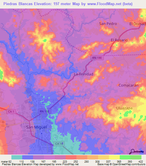 Piedras Blancas,El Salvador Elevation Map