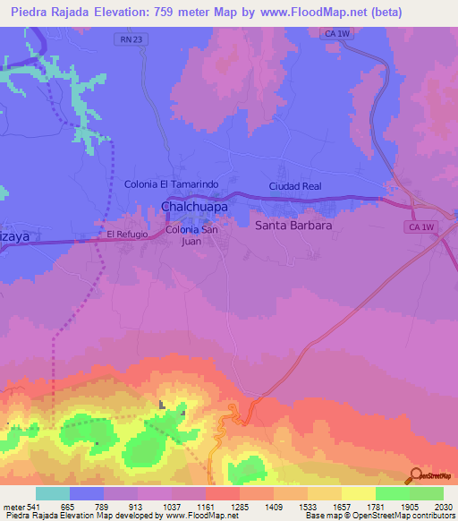 Piedra Rajada,El Salvador Elevation Map