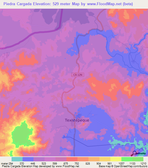 Piedra Cargada,El Salvador Elevation Map