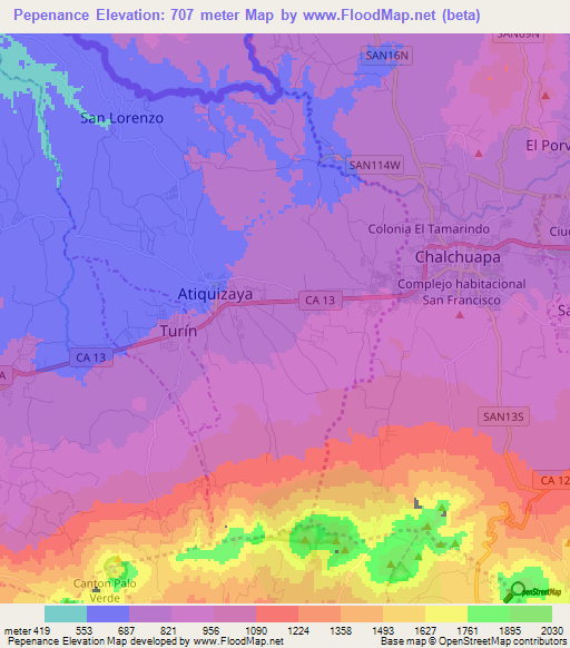 Pepenance,El Salvador Elevation Map