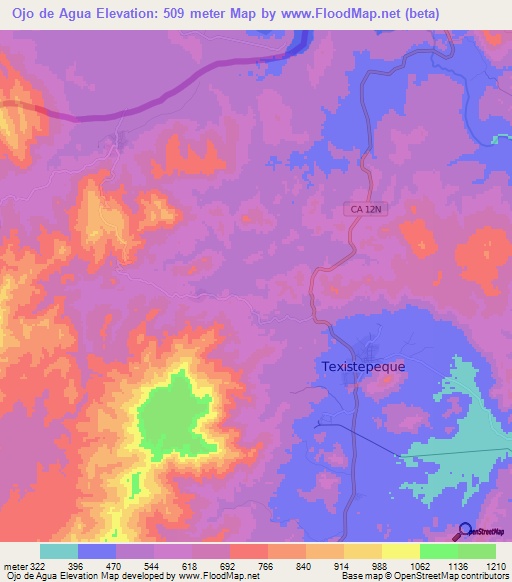 Ojo de Agua,El Salvador Elevation Map