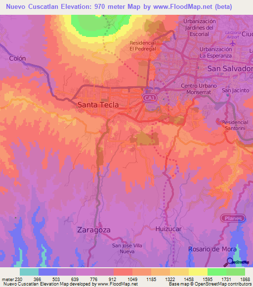 Nuevo Cuscatlan,El Salvador Elevation Map