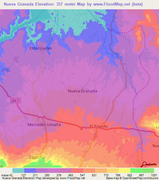 Nueva Granada,El Salvador Elevation Map