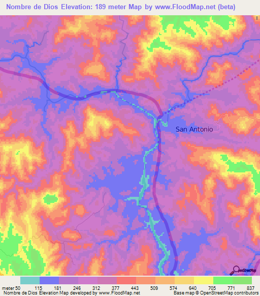 Nombre de Dios,El Salvador Elevation Map