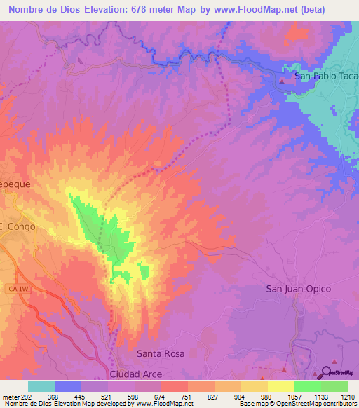 Nombre de Dios,El Salvador Elevation Map