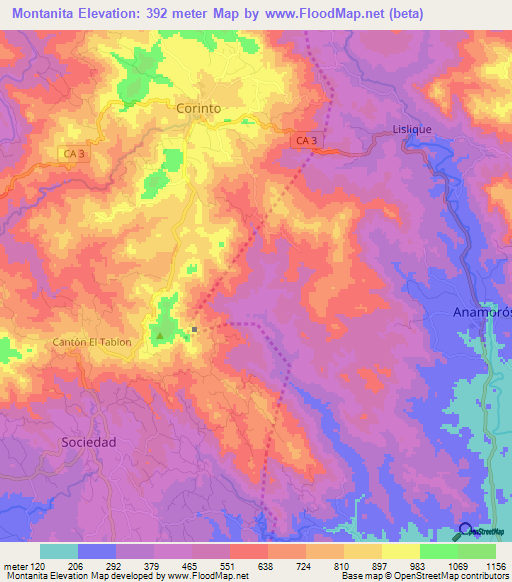 Montanita,El Salvador Elevation Map