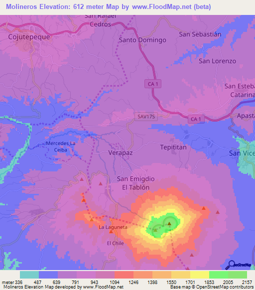 Molineros,El Salvador Elevation Map
