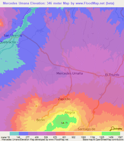 Mercedes Umana,El Salvador Elevation Map
