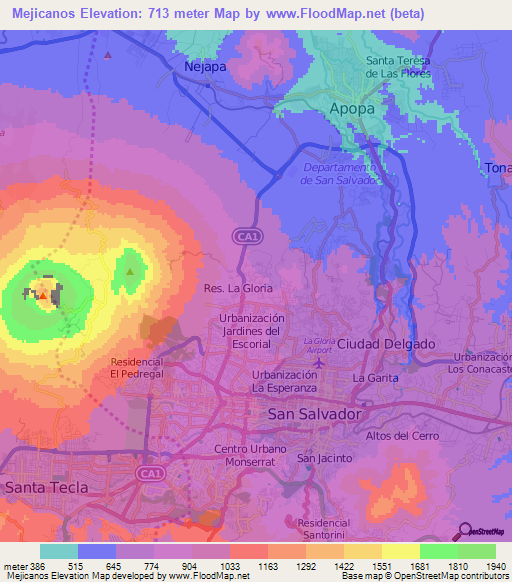 Mejicanos,El Salvador Elevation Map