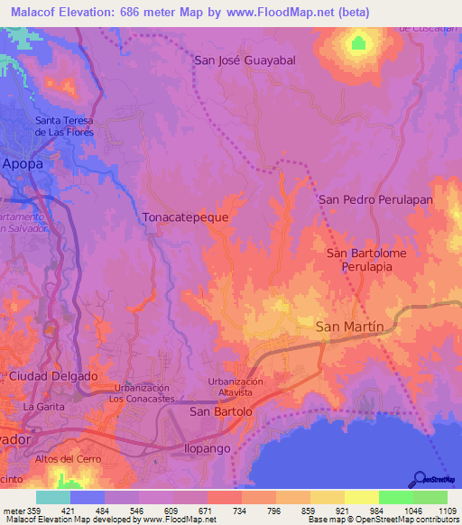 Malacof,El Salvador Elevation Map