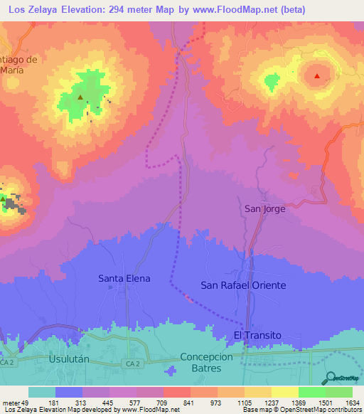 Los Zelaya,El Salvador Elevation Map