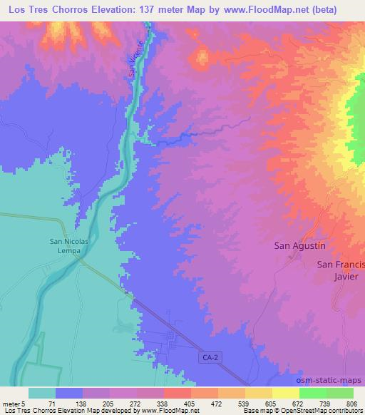 Los Tres Chorros,El Salvador Elevation Map