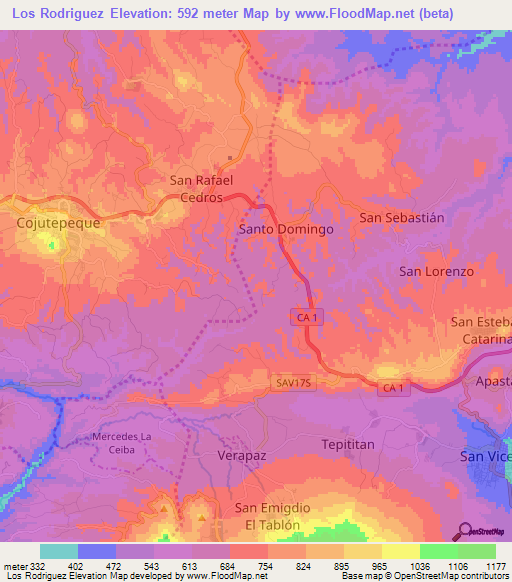 Los Rodriguez,El Salvador Elevation Map
