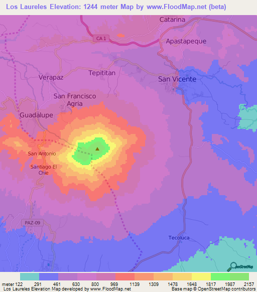 Los Laureles,El Salvador Elevation Map