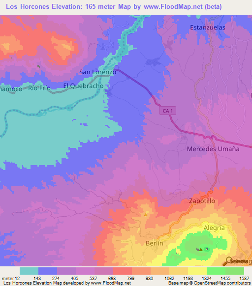 Los Horcones,El Salvador Elevation Map