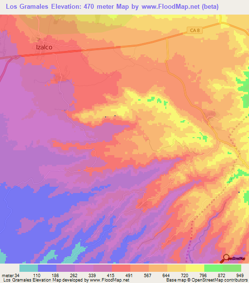 Los Gramales,El Salvador Elevation Map