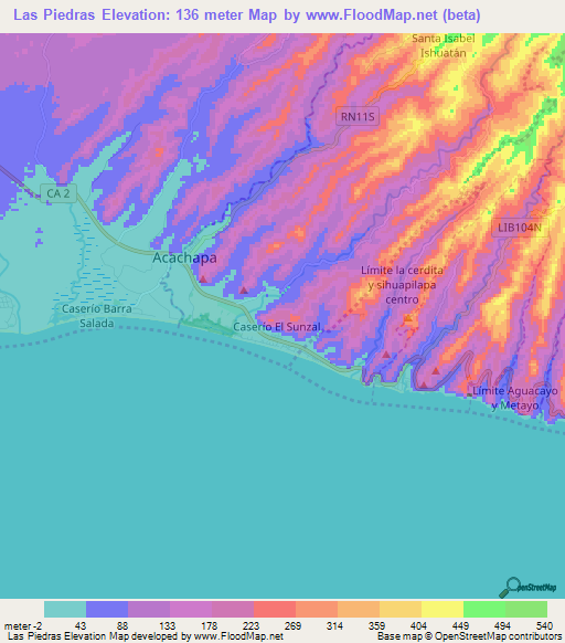 Las Piedras,El Salvador Elevation Map