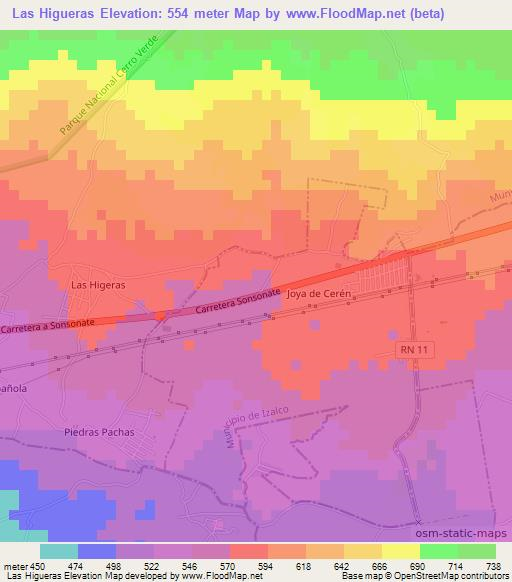 Las Higueras,El Salvador Elevation Map