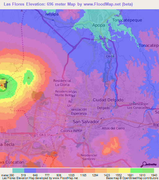 Las Flores,El Salvador Elevation Map