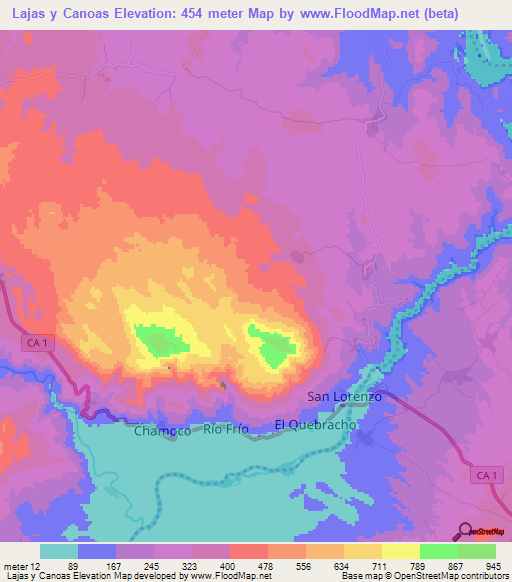 Lajas y Canoas,El Salvador Elevation Map