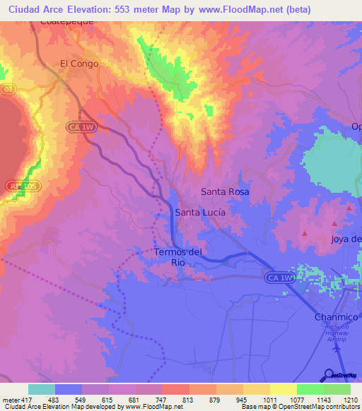 Ciudad Arce,El Salvador Elevation Map