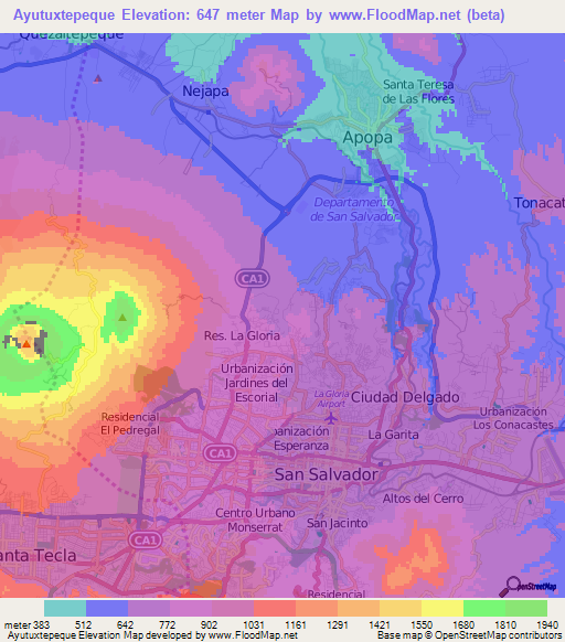 Ayutuxtepeque,El Salvador Elevation Map