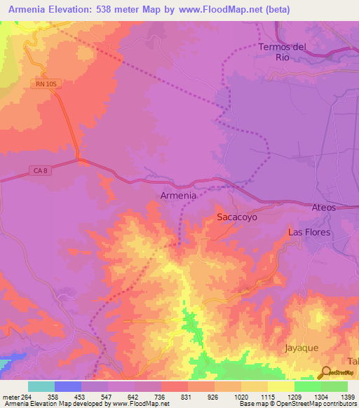 Armenia,El Salvador Elevation Map