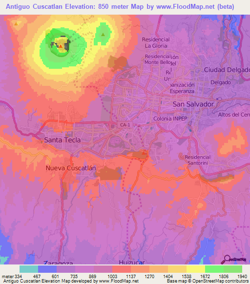Antiguo Cuscatlan,El Salvador Elevation Map