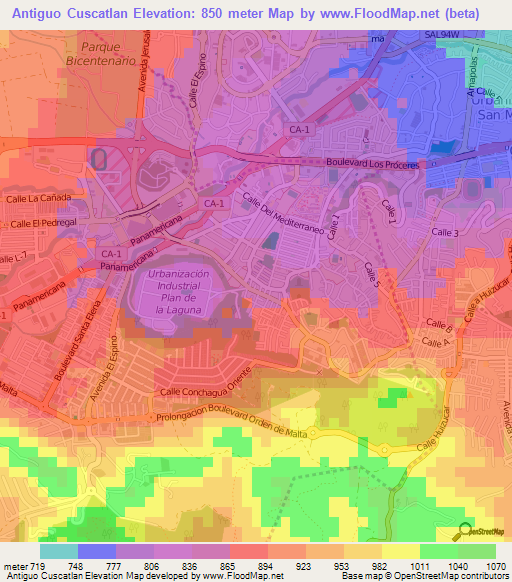 Antiguo Cuscatlan,El Salvador Elevation Map