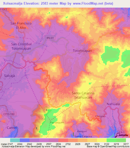 Xolsacmalja,Guatemala Elevation Map