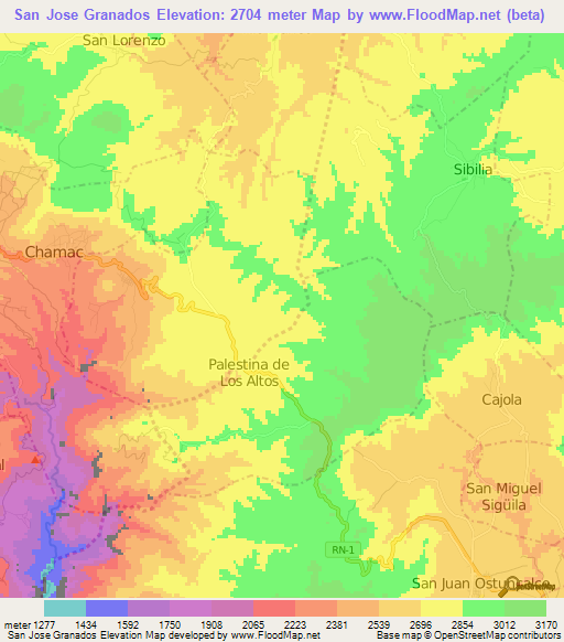 San Jose Granados,Guatemala Elevation Map
