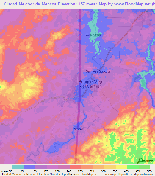 Ciudad Melchor de Mencos,Guatemala Elevation Map