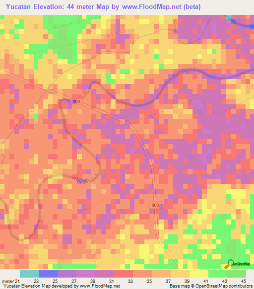 Yucatan,Honduras Elevation Map