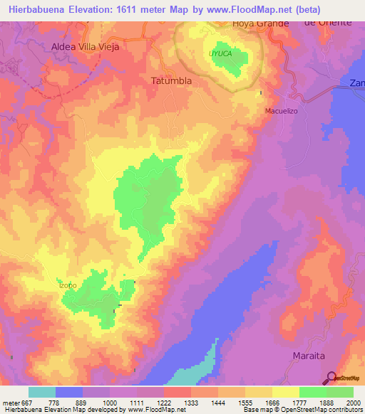 Hierbabuena,Honduras Elevation Map