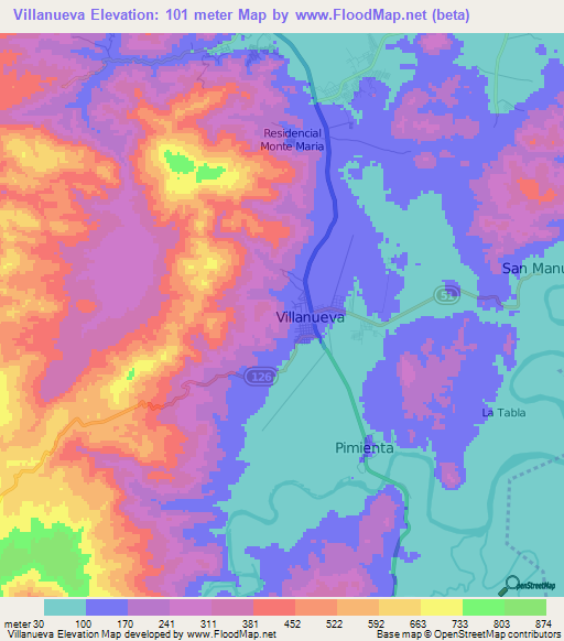 Villanueva,Honduras Elevation Map