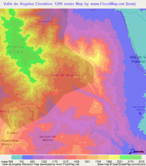 Valle de Angeles,Honduras Elevation Map