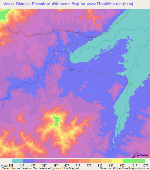 Vacas Blancas,Honduras Elevation Map