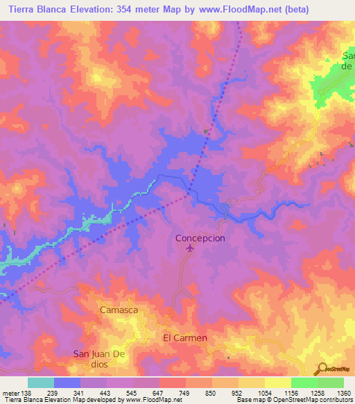 Tierra Blanca,Honduras Elevation Map