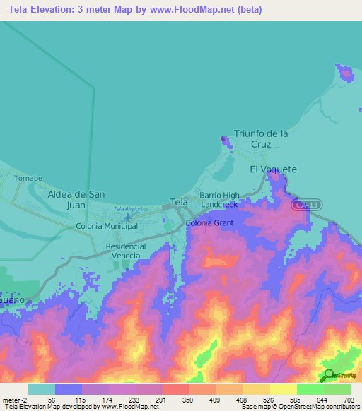 Tela,Honduras Elevation Map