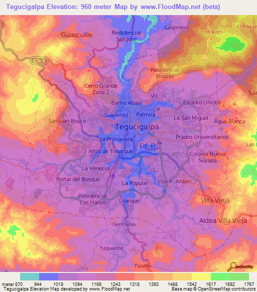 Tegucigalpa,Honduras Elevation Map