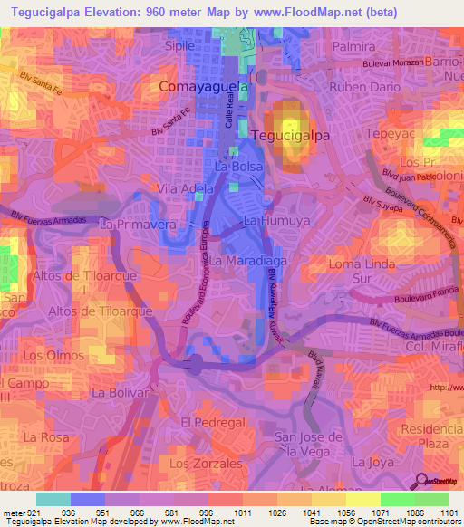 Tegucigalpa,Honduras Elevation Map
